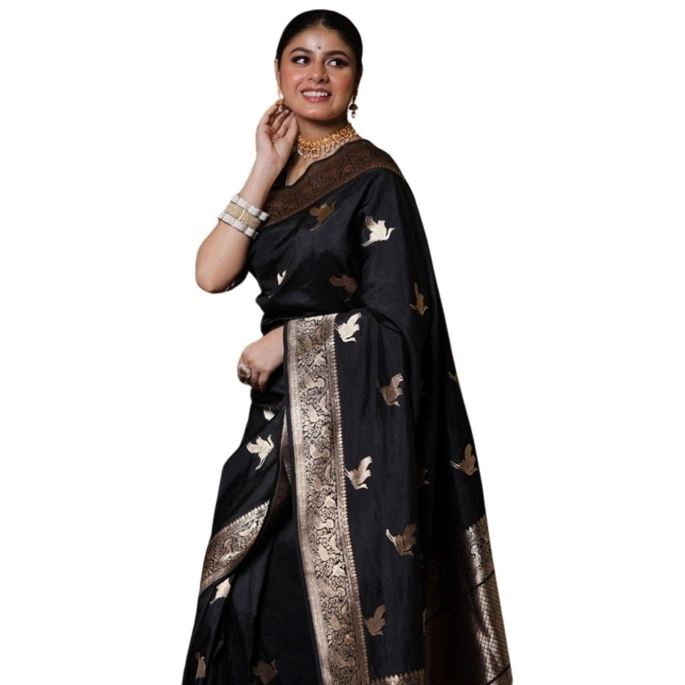 Vaystra Silk Printed Saree With Unstitched Blouse 5.5Mtr – Black