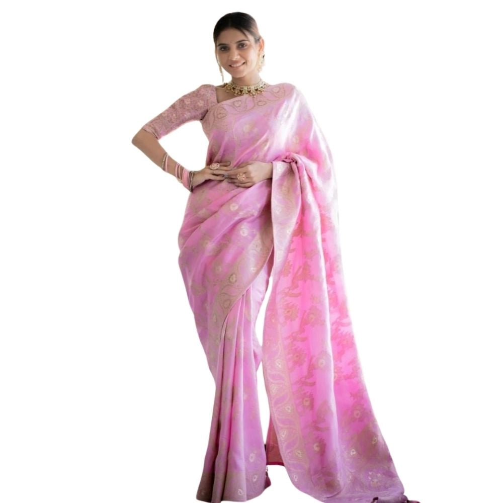 Vaystra Silk Printed Saree With Unstitched Blouse 5.5Mtr – Pink