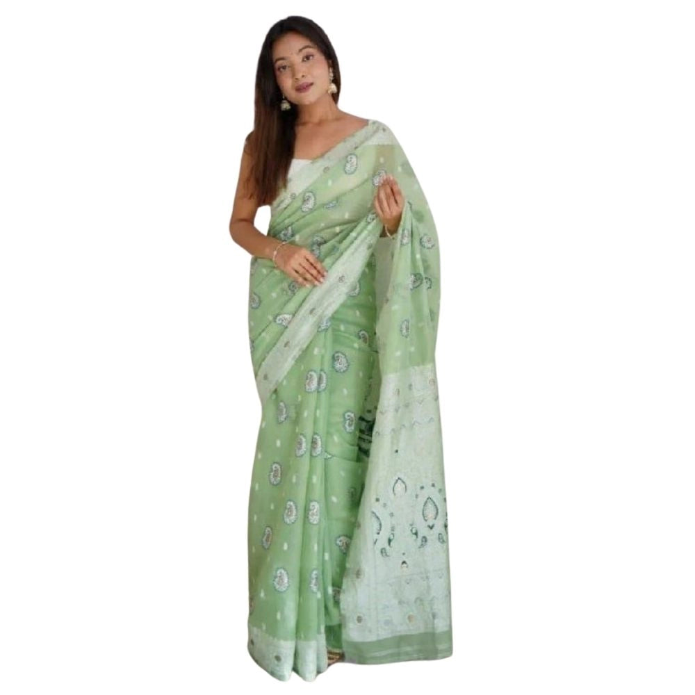 Vaystra Cotton Printed Saree With Unstitched Blouse 5.5Mtr – Pista