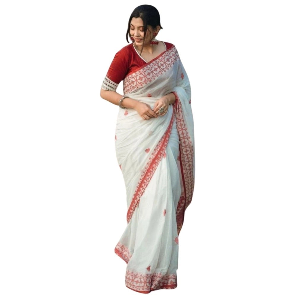 Vaystra Cotton Printed Saree With Unstitched Blouse 5.5Mtr – White-Red