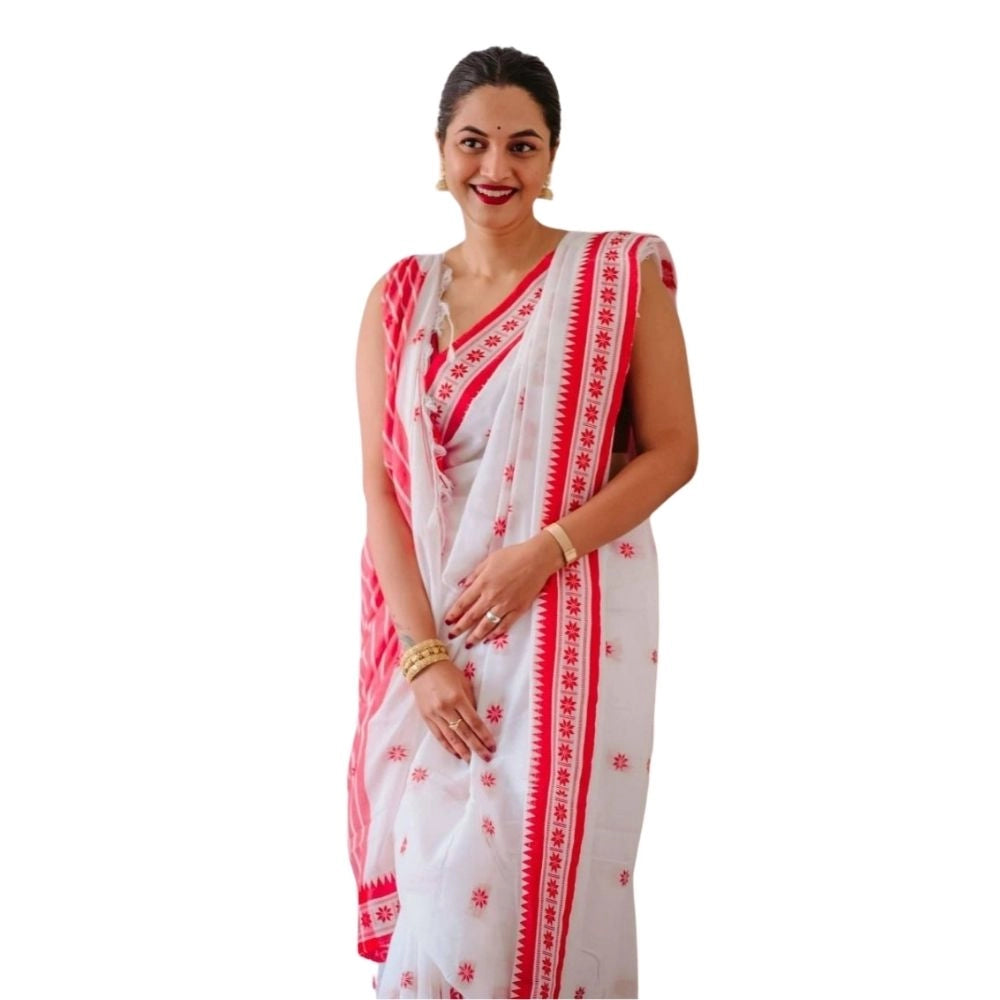 Vaystra Cotton Printed Saree With Unstitched Blouse 5.5Mtr – White-Pink