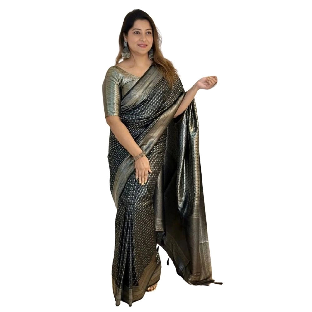 Vaystra Silk Printed Saree With Unstitched Blouse 5.5Mtr – Black