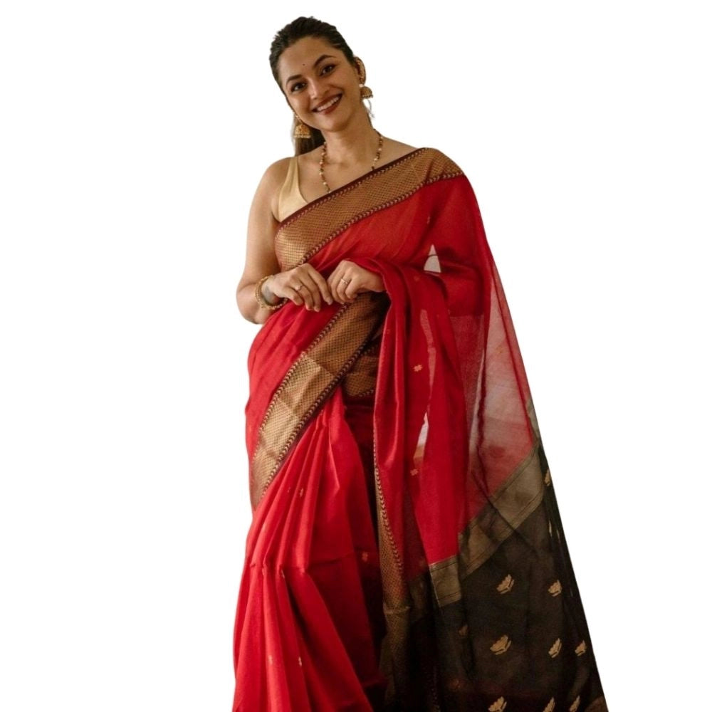 Vaystra Cotton Printed Saree With Unstitched Blouse 5.5Mtr – Red
