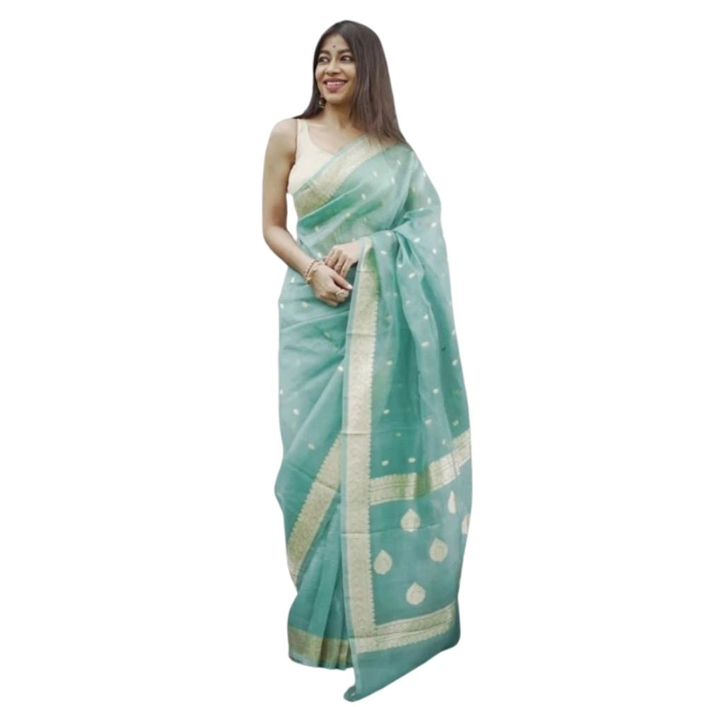 Vaystra Cotton Printed Saree With Unstitched Blouse 5.5Mtr – Sky