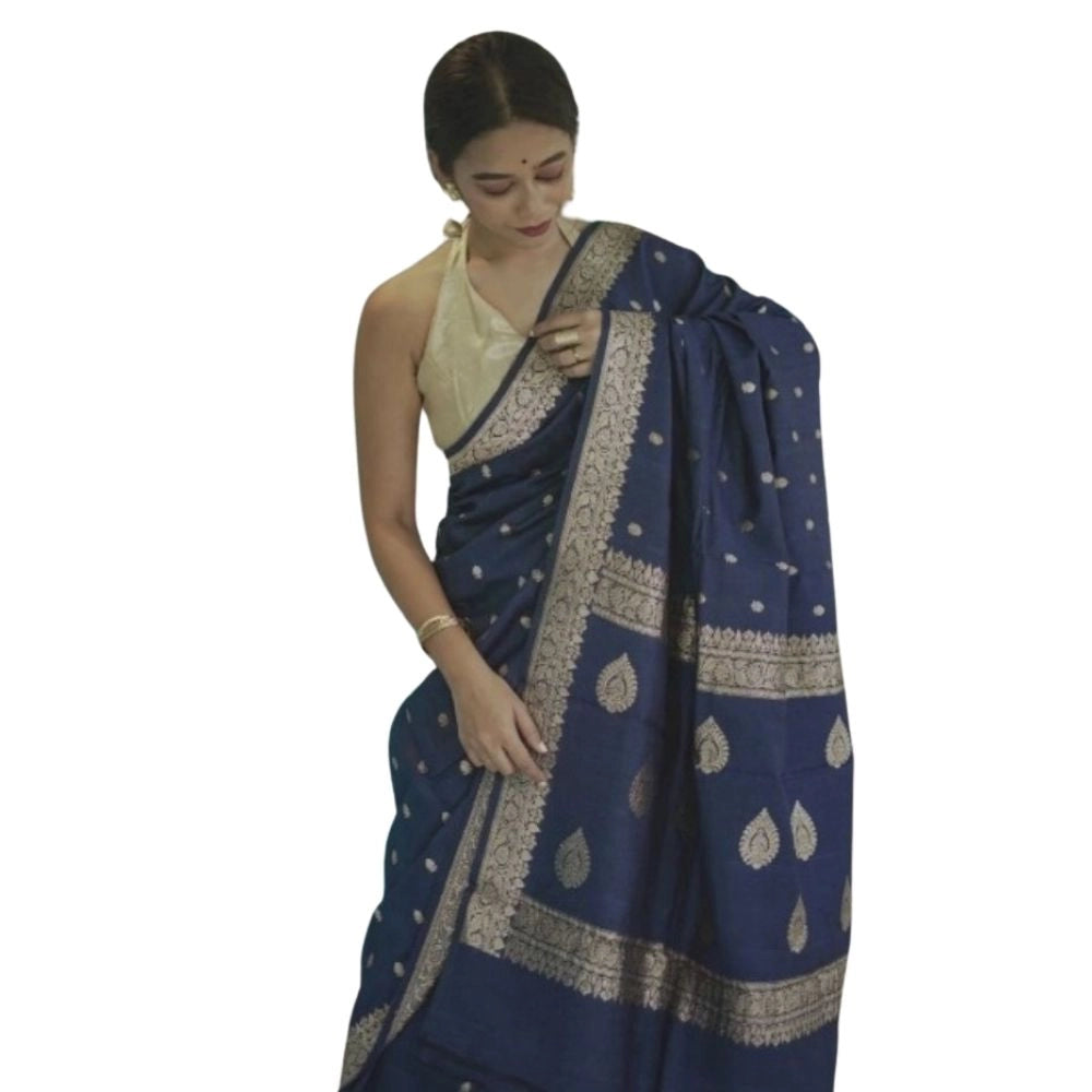 Vaystra Cotton Printed Saree With Unstitched Blouse 5.5Mtr – Navy Blue