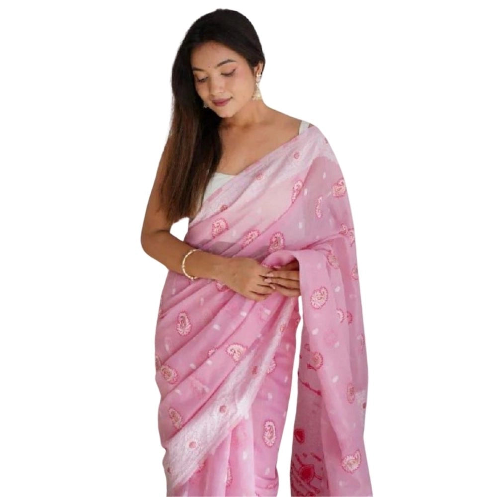 Vaystra Cotton Printed Saree With Unstitched Blouse 5.5Mtr – Pink