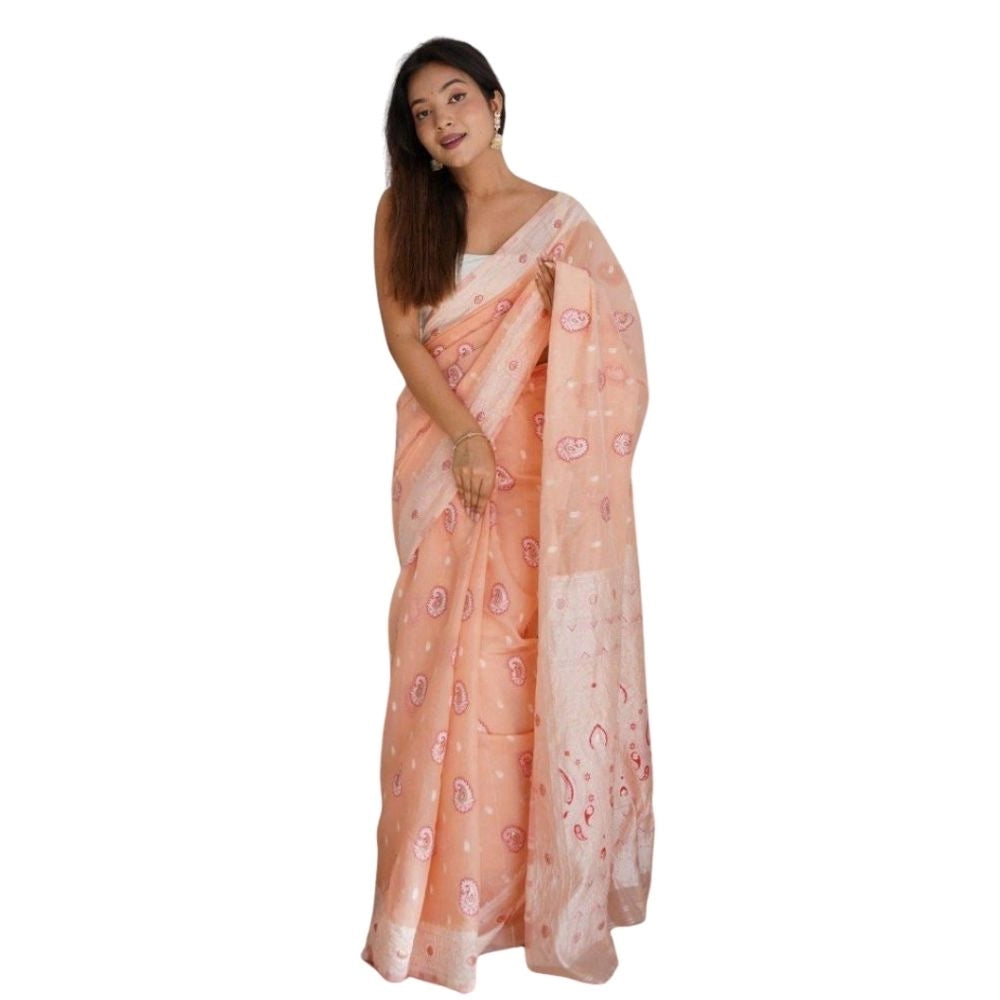 Vaystra Cotton Printed Saree With Unstitched Blouse 5.5Mtr – Peach