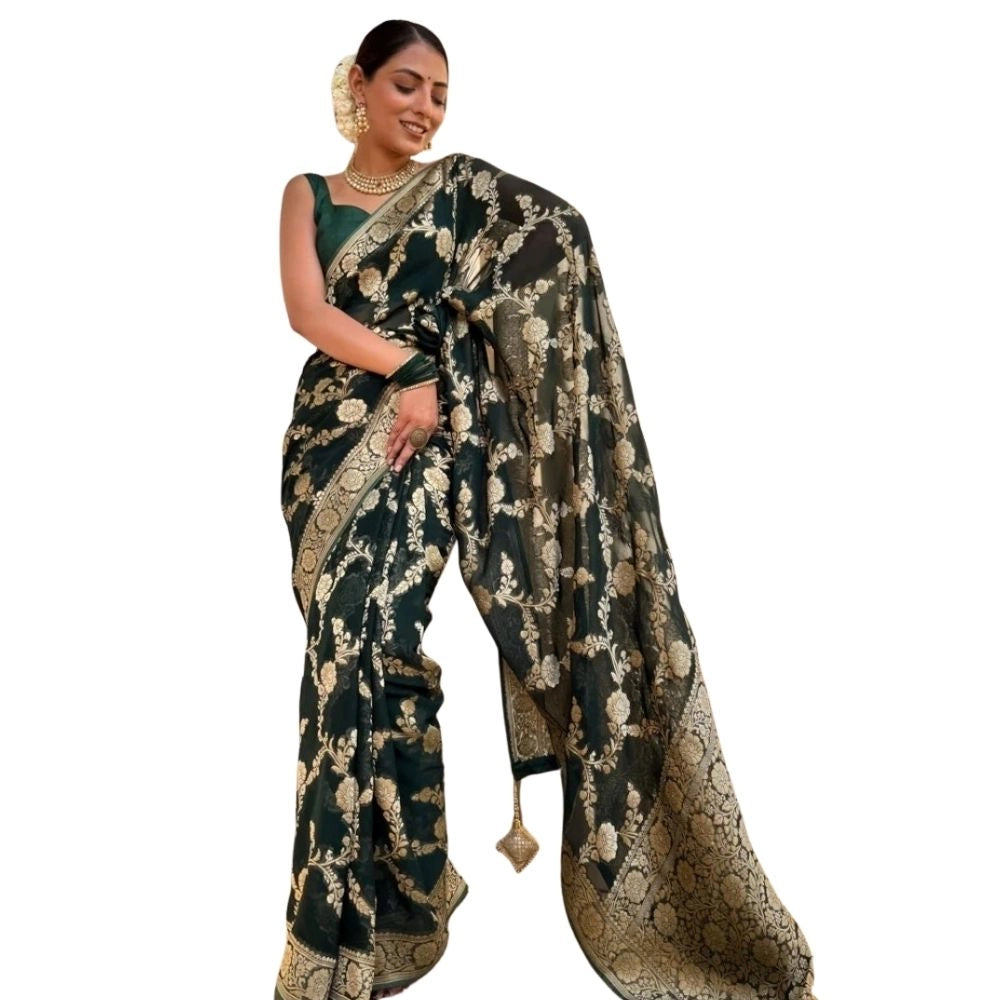 Vaystra Silk Printed Saree With Unstitched Blouse 5.5Mtr – Dark Green