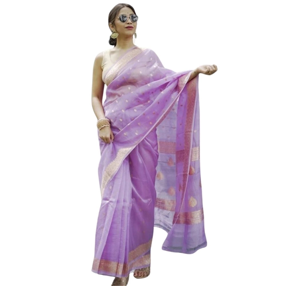 Vaystra Cotton Printed Saree With Unstitched Blouse 5.5Mtr – Lavender