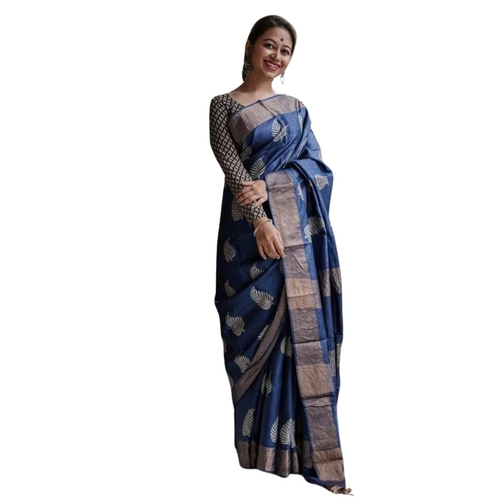 Vaystra Silk Printed Saree With Unstitched Blouse 5.5Mtr – Navy Blue