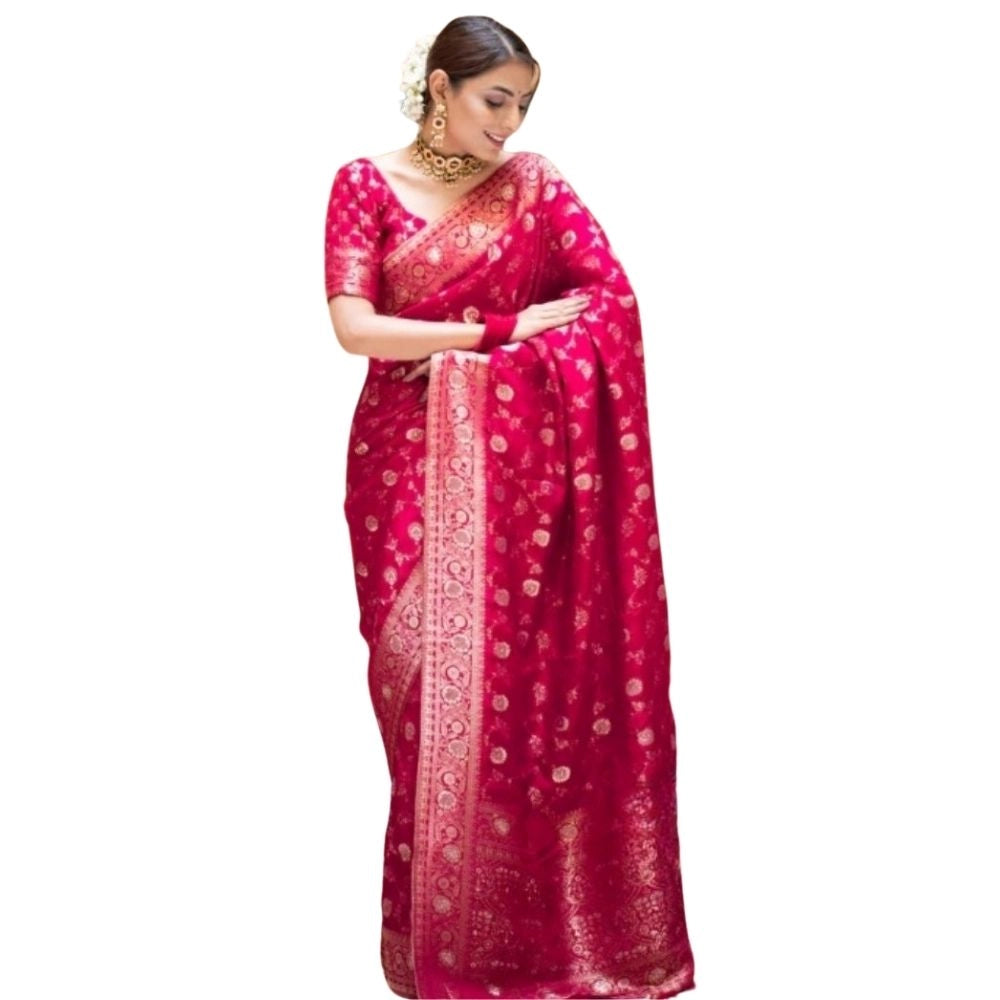 Vaystra Silk Printed Saree With Unstitched Blouse 5.5Mtr – Rani Pink