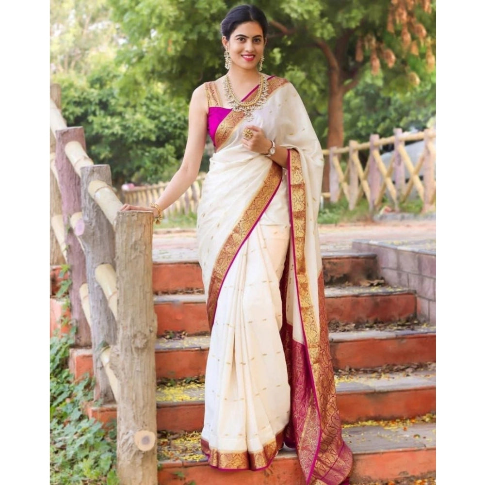 Vaystra Silk Printed Saree With Unstitched Blouse 5.5Mtr – White