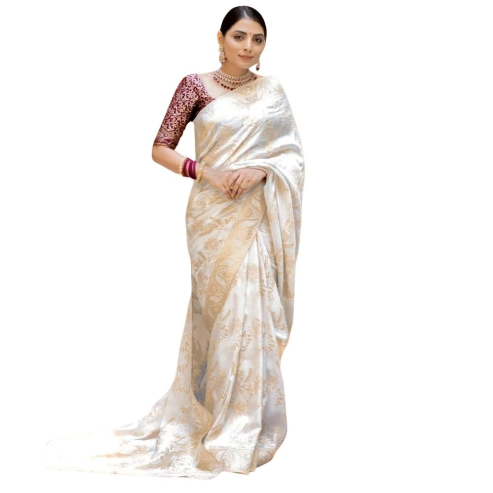 Vaystra Silk Printed Saree With Unstitched Blouse 5.5Mtr – White