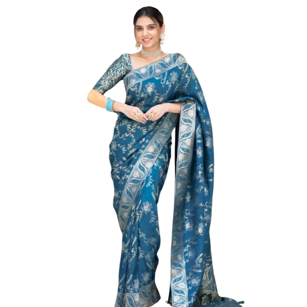 Vaystra Silk Printed Saree With Unstitched Blouse 5.5Mtr – Teal Blue