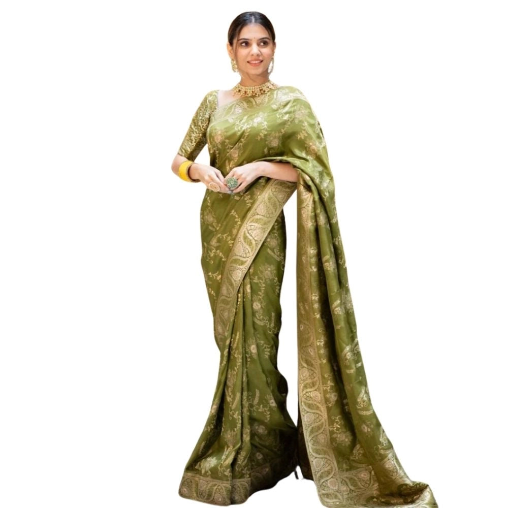 Vaystra Silk Printed Saree With Unstitched Blouse 5.5Mtr – Olive Green