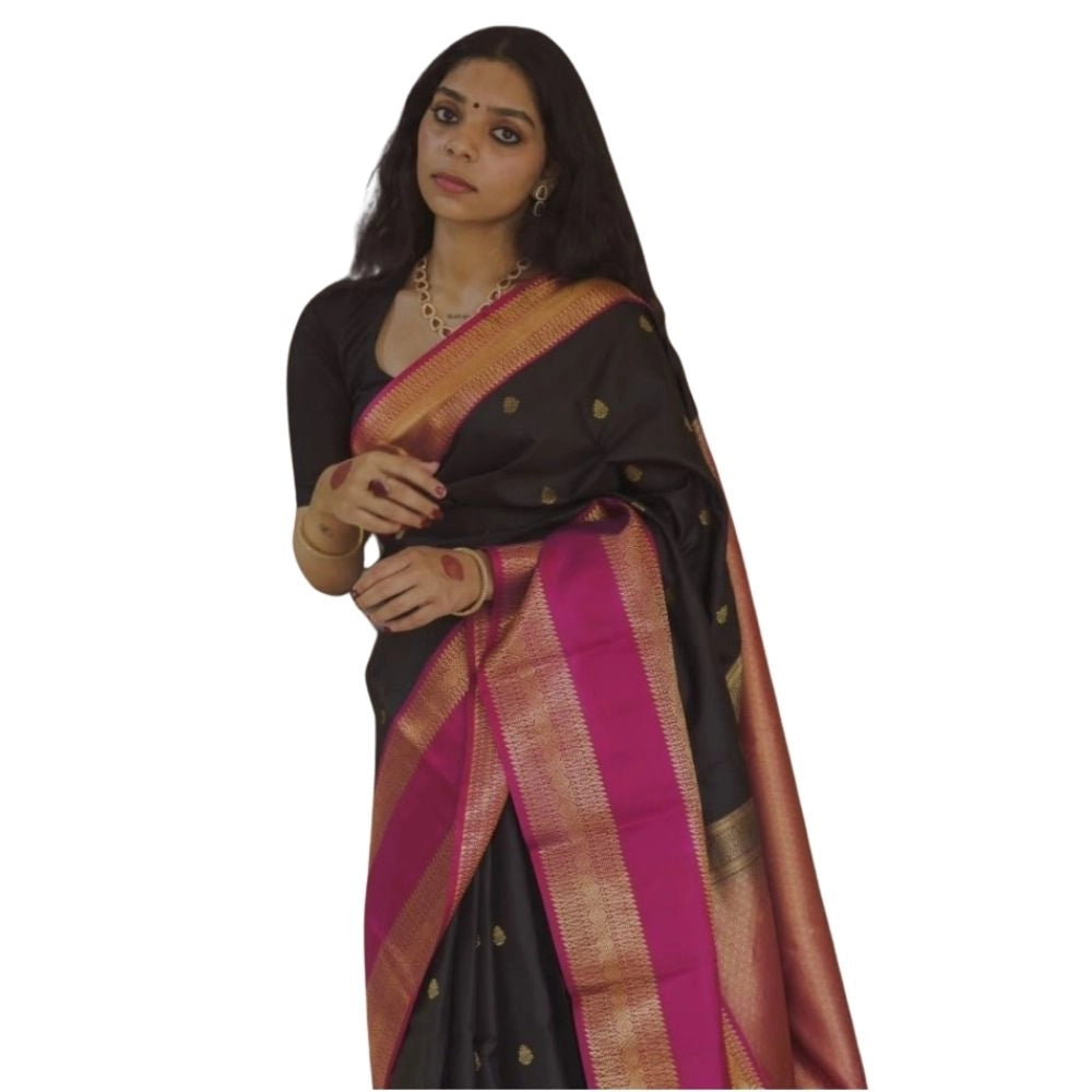 Vaystra Silk Printed Saree With Unstitched Blouse 5.5Mtr – Black-Pink