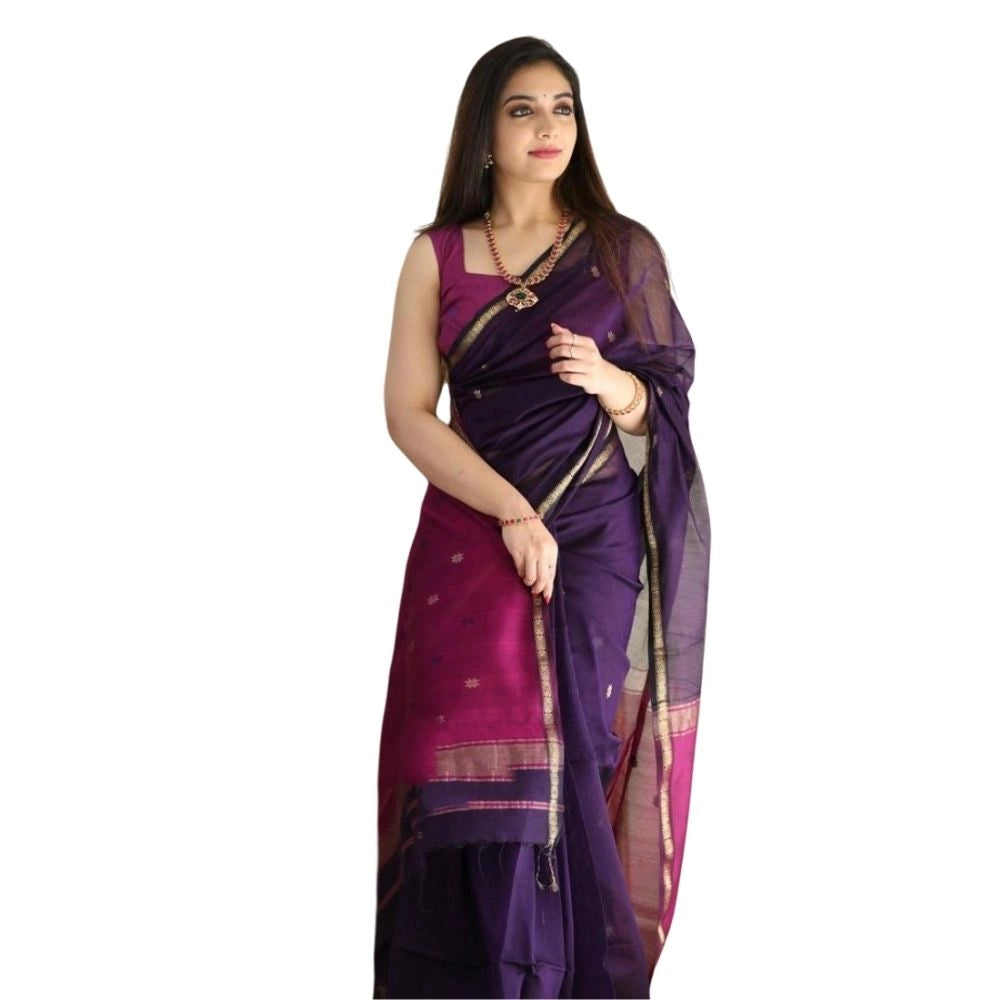 Vaystra Cotton Printed Saree With Unstitched Blouse 5.5Mtr – Navy Blue
