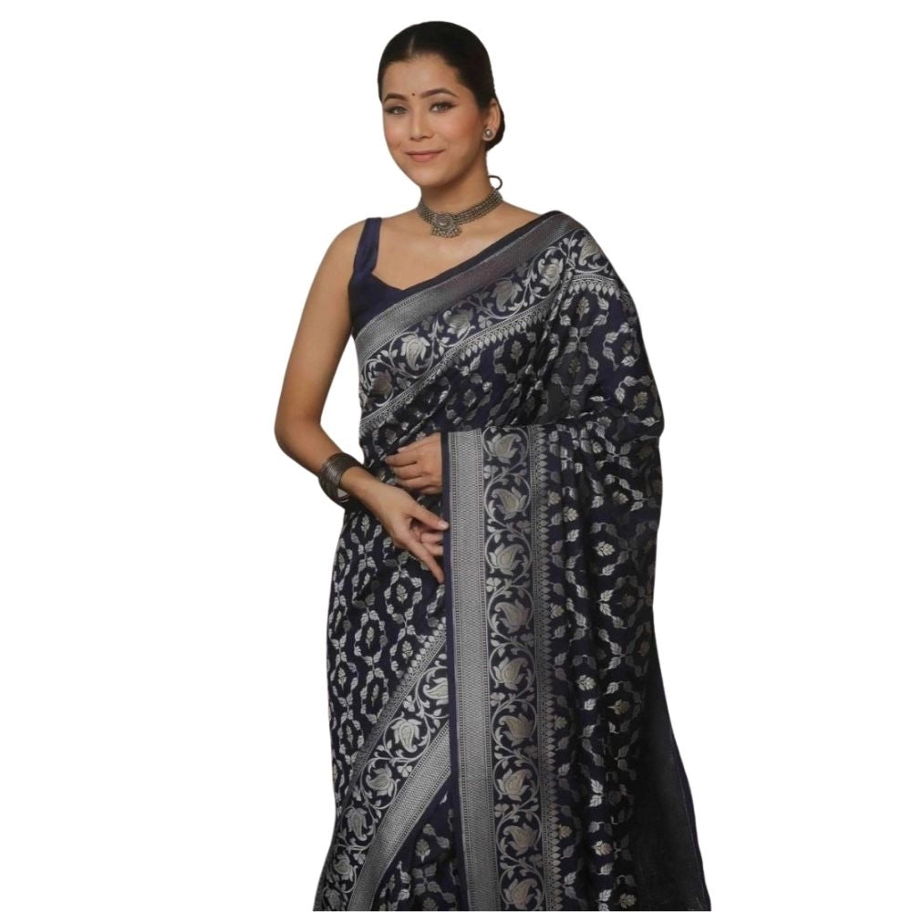 Vaystra Silk Printed Saree With Unstitched Blouse 5.5Mtr – Navy Blue