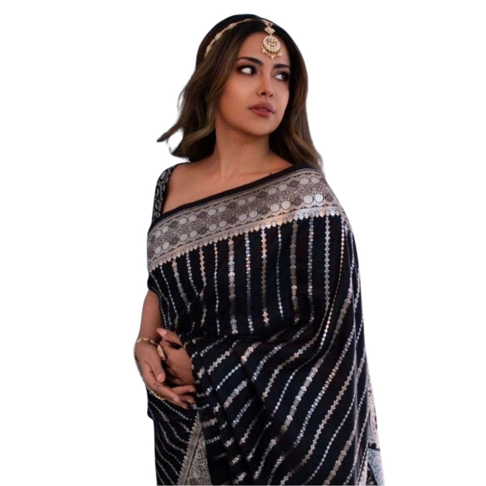 Vaystra Silk Printed Saree With Unstitched Blouse 5.5Mtr – Black