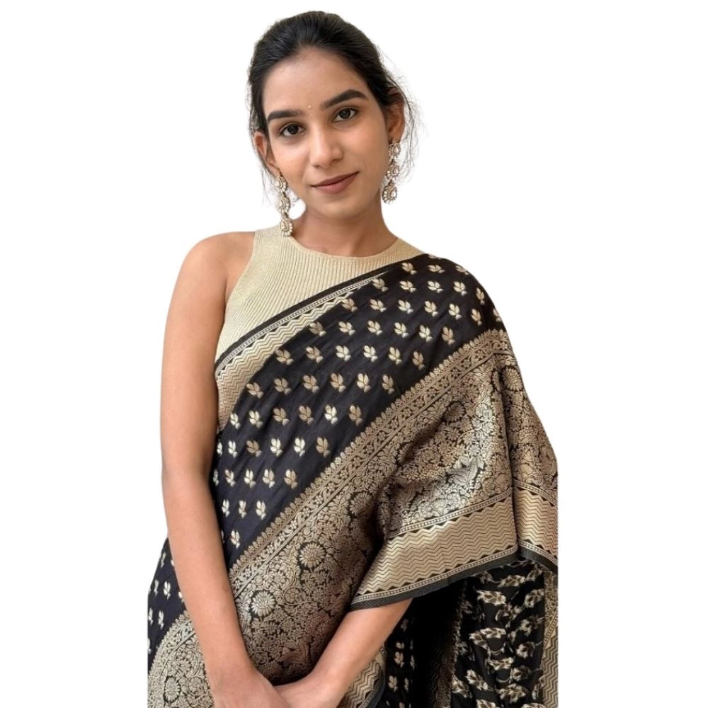 Vaystra Silk Printed Saree With Unstitched Blouse 5.5Mtr – Black