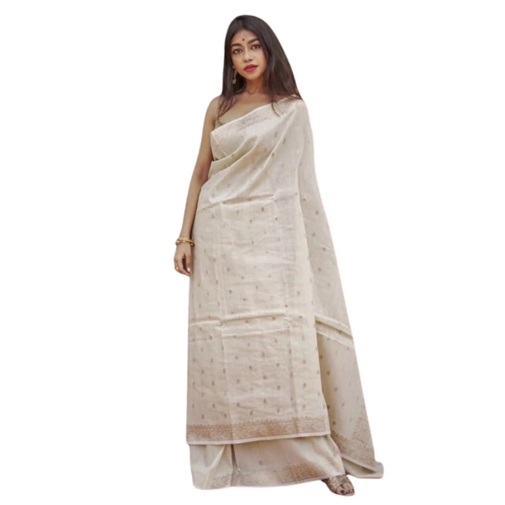 Vaystra Cotton Printed Saree With Unstitched Blouse 5.5Mtr – Cream
