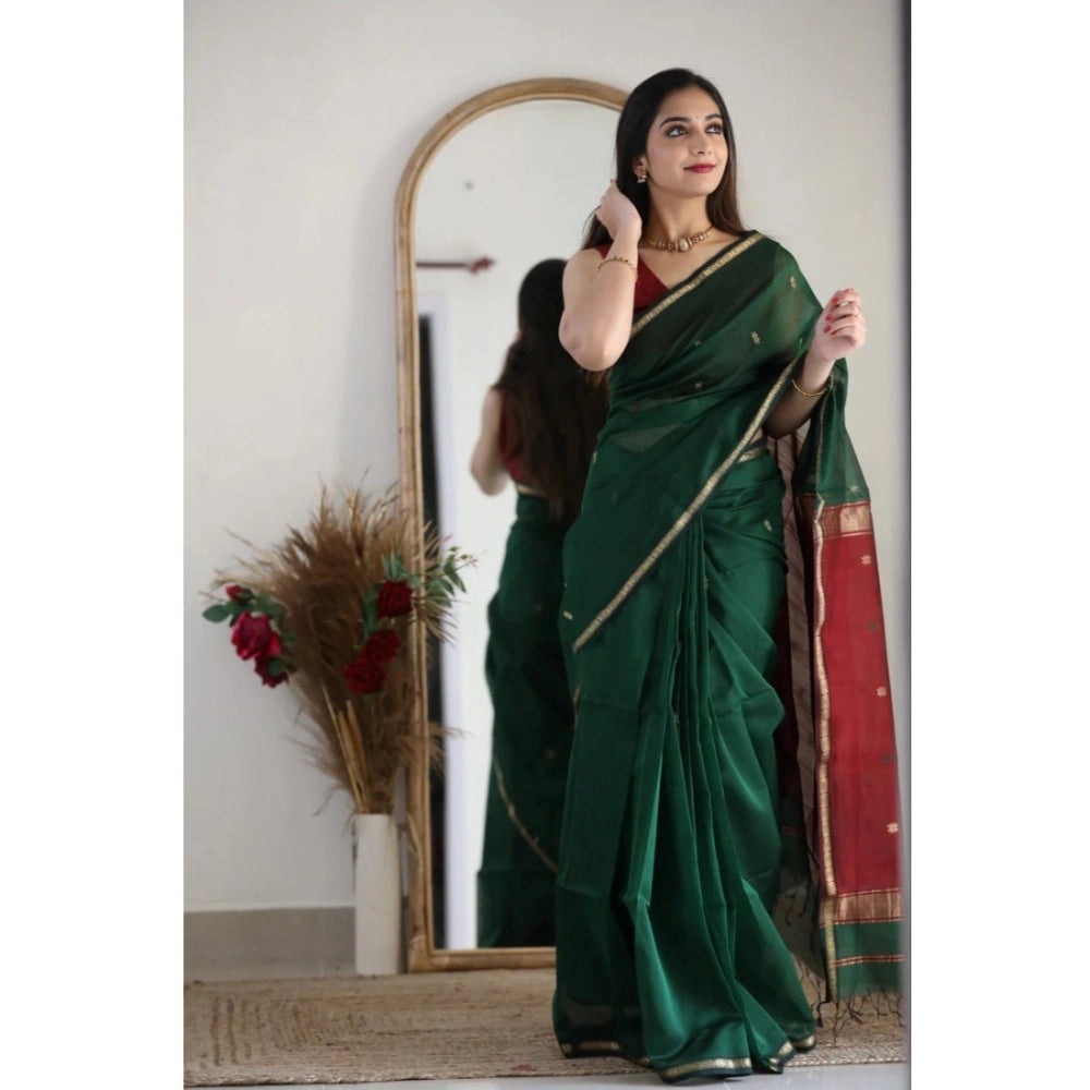Vaystra Cotton Printed Saree With Unstitched Blouse 5.5Mtr – Dark Green