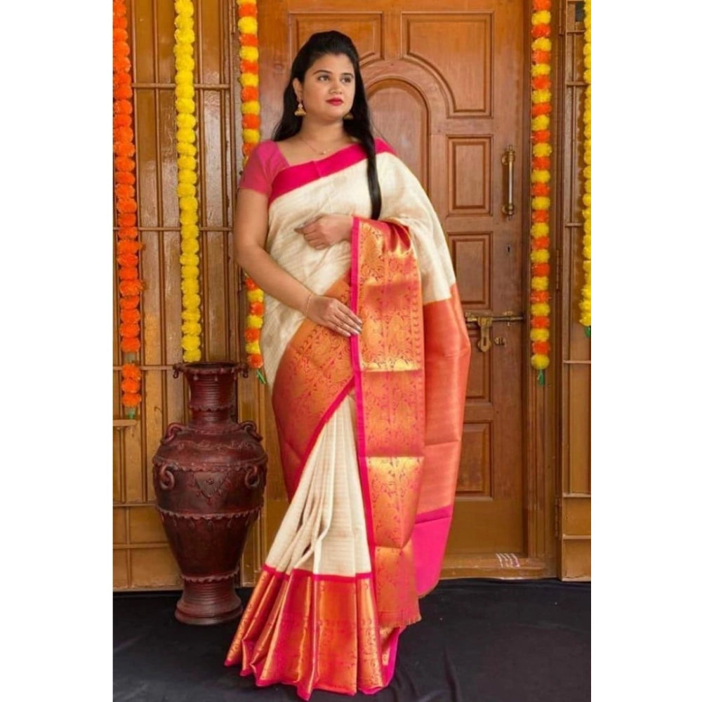 Vaystra Soft Lichi Silk Printed Saree With Unstitched Blouse 5.5Mtr – Cream