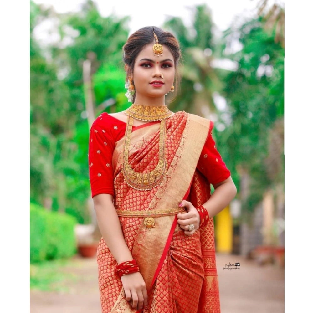 Vaystra Soft Lichi Silk Printed Saree With Unstitched Blouse 5.5Mtr – Red