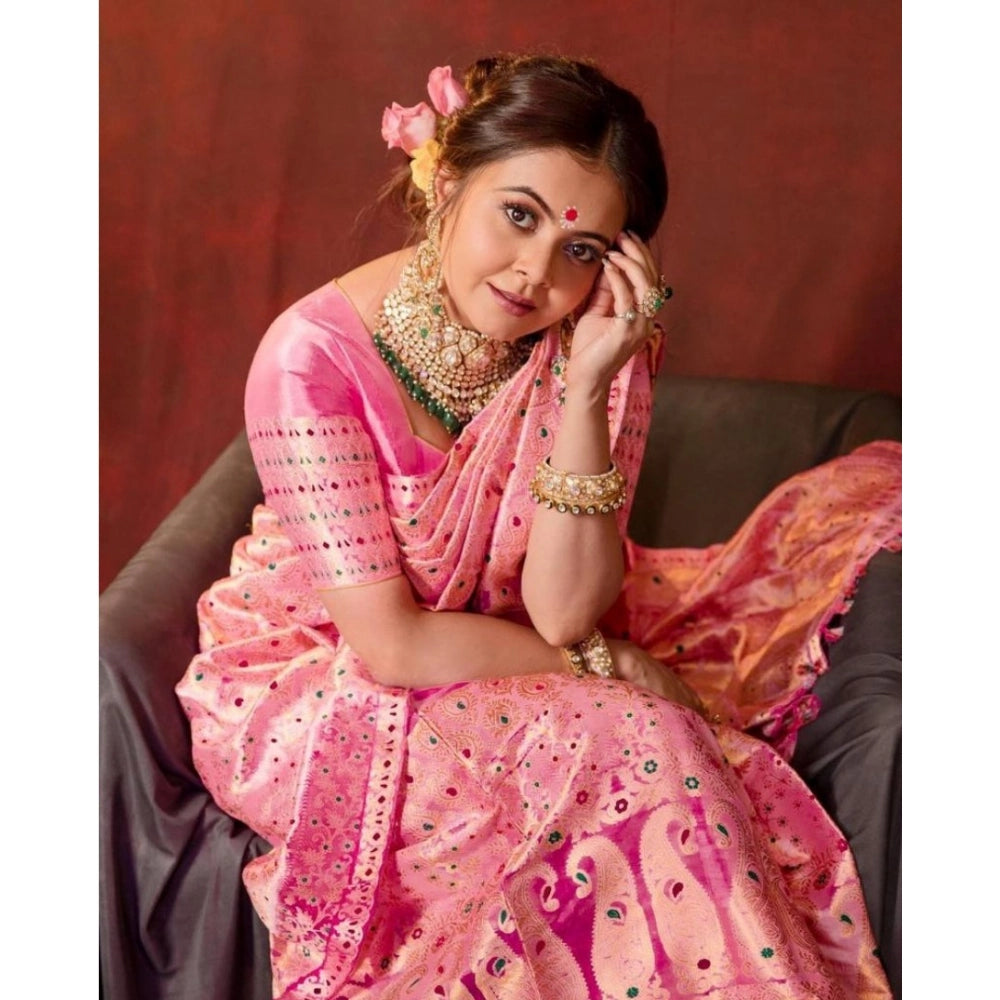 Vaystra Soft Lichi Silk Printed Saree With Unstitched Blouse 5.5Mtr – Pink