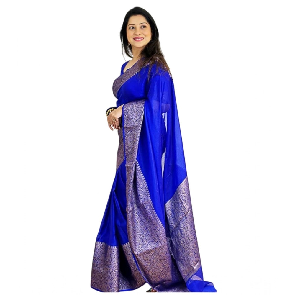 Vaystra Soft Lichi Silk Solid Saree With Unstitched Blouse 5.5Mtr – Blue