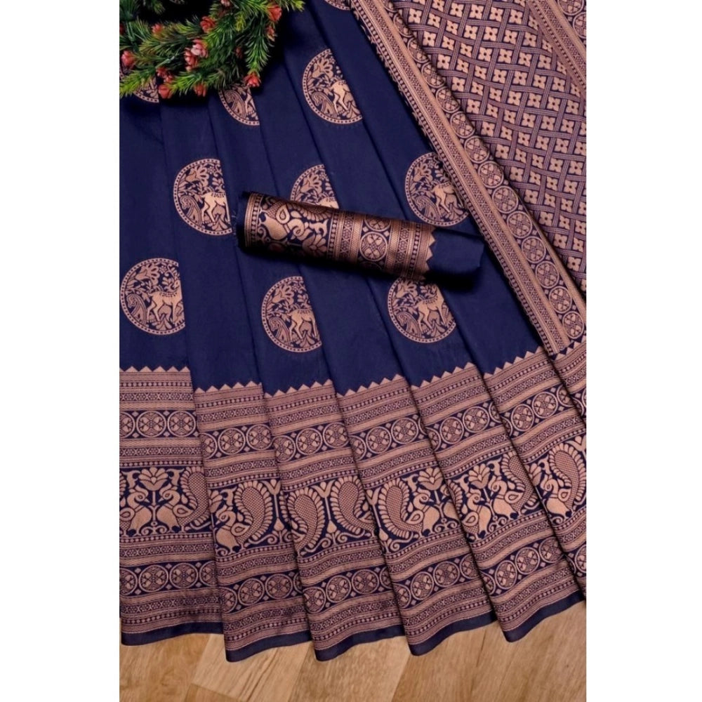 Vaystra Soft Lichi Silk Printed Saree With Unstitched Blouse 5.5Mtr – Navy Blue