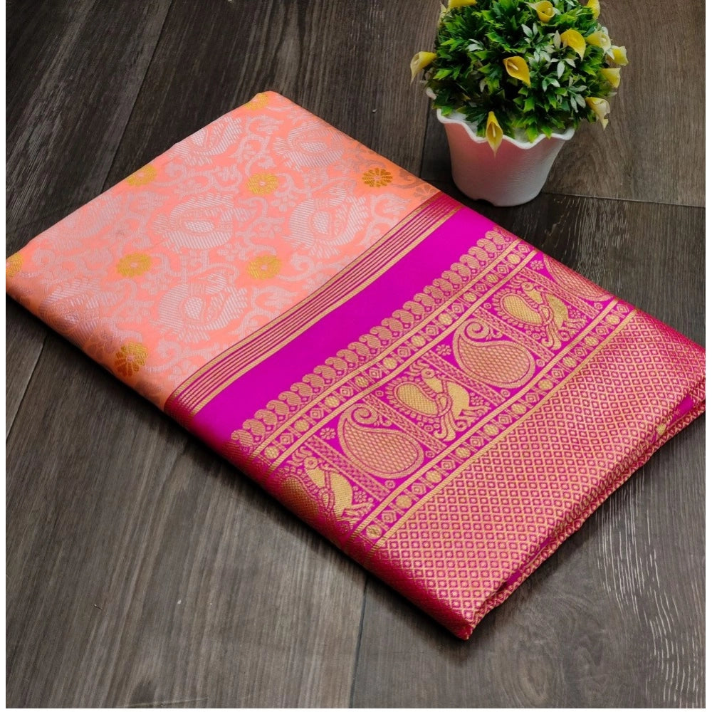 Vaystra Soft Lichi Silk Printed Saree With Unstitched Blouse 5.5Mtr – Pink