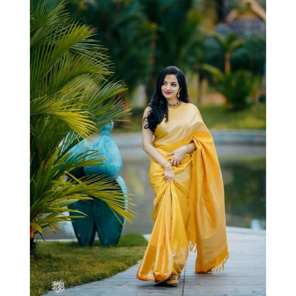 Vaystra Soft Lichi Silk Printed Saree With Unstitched Blouse 5.5Mtr – Yellow