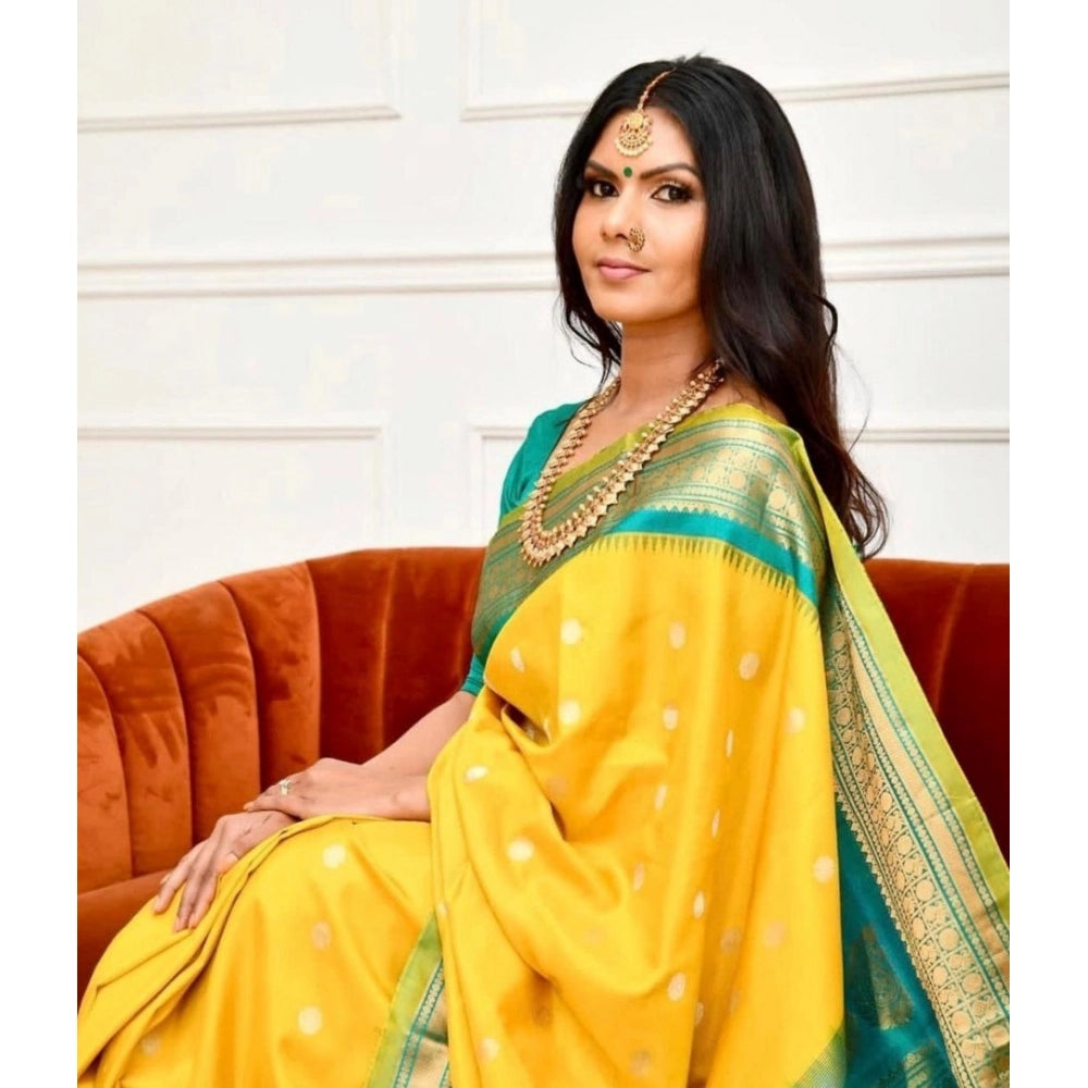 Vaystra Soft Lichi Silk Printed Saree With Unstitched Blouse 5.5Mtr – Yellow
