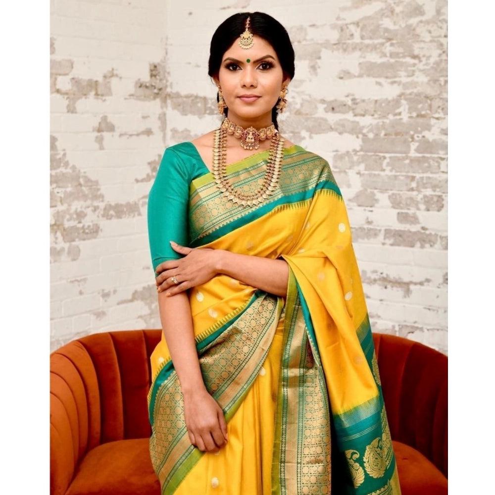 Vaystra Soft Lichi Silk Printed Saree With Unstitched Blouse 5.5Mtr – Yellow
