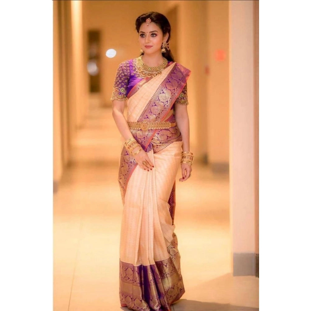 Vaystra Soft Lichi Silk Printed Saree With Unstitched Blouse 5.5Mtr – Purple