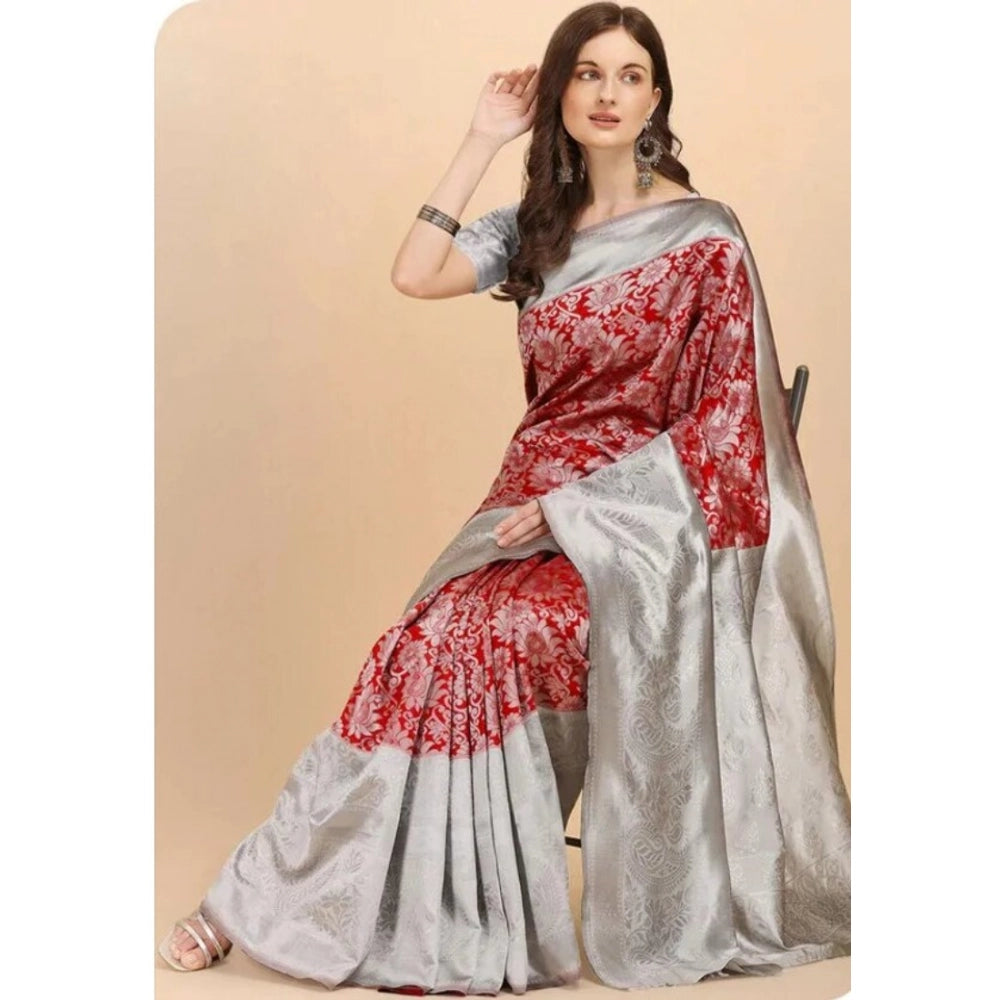 Vaystra Soft Lichi Silk Printed Saree With Unstitched Blouse 5.5Mtr – Red