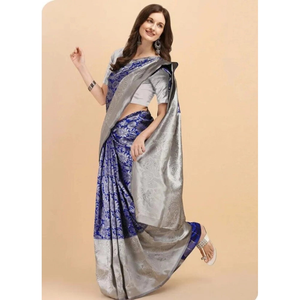 Vaystra Soft Lichi Silk Printed Saree With Unstitched Blouse 5.5Mtr – Blue