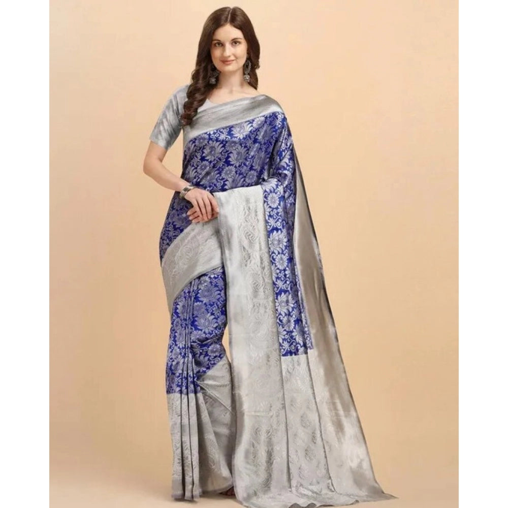 Vaystra Soft Lichi Silk Printed Saree With Unstitched Blouse 5.5Mtr – Blue