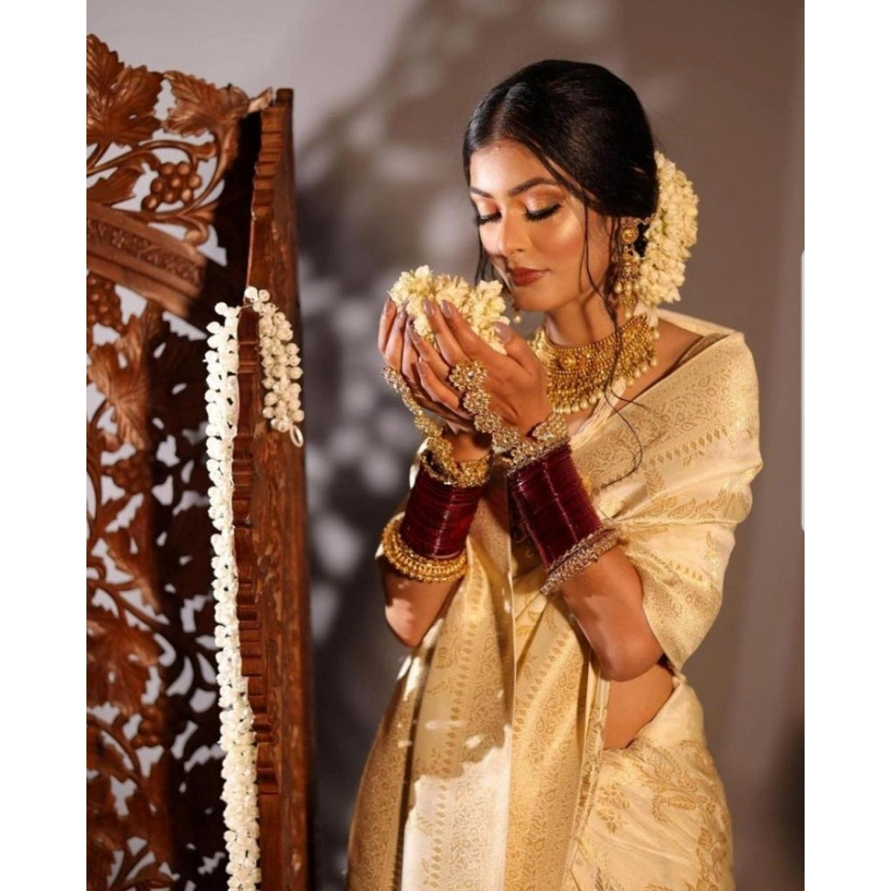 Vaystra Soft Lichi Silk Printed Saree With Unstitched Blouse 5.5Mtr – Golden