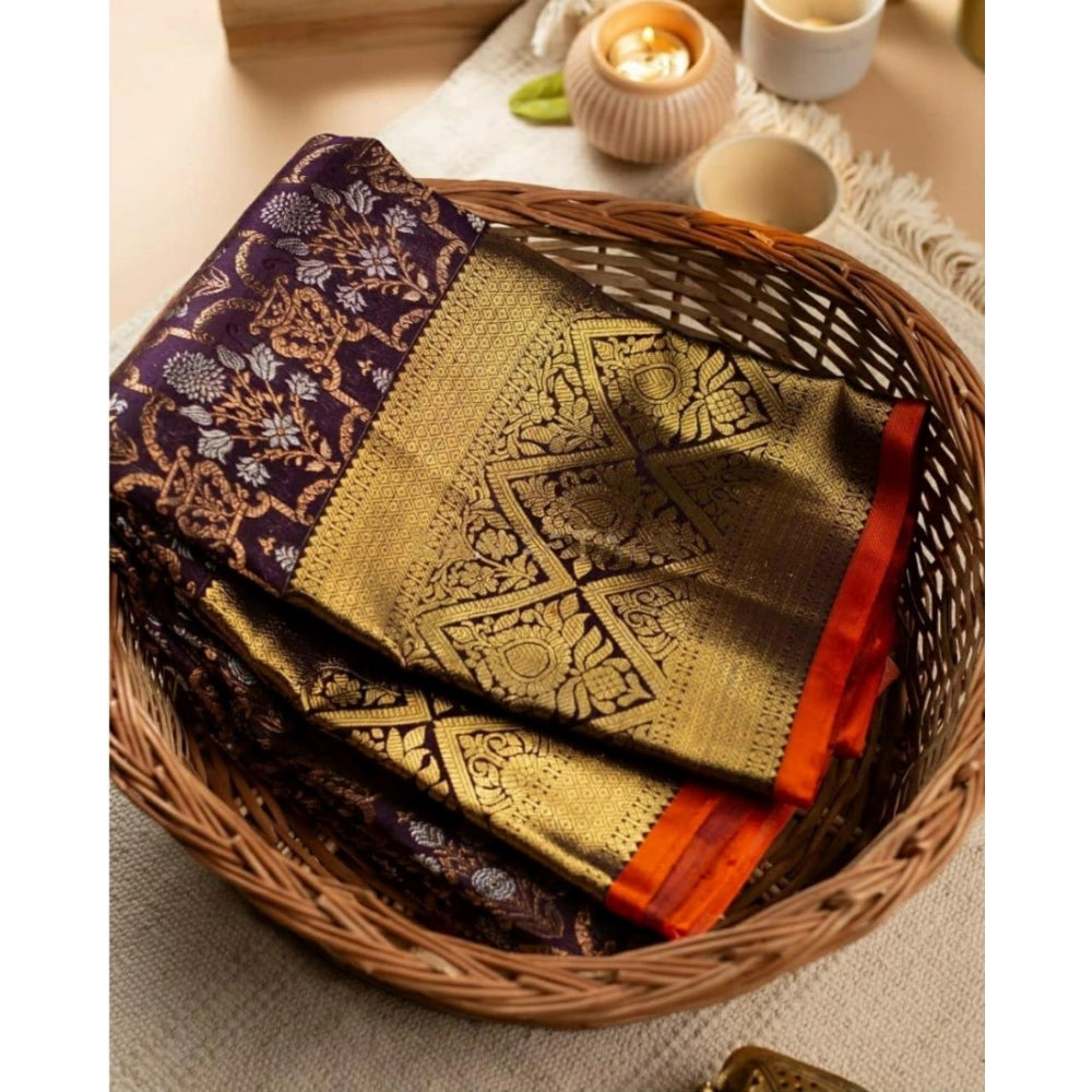 Vaystra Soft Lichi Silk Printed Saree With Unstitched Blouse 5.5Mtr – Purple