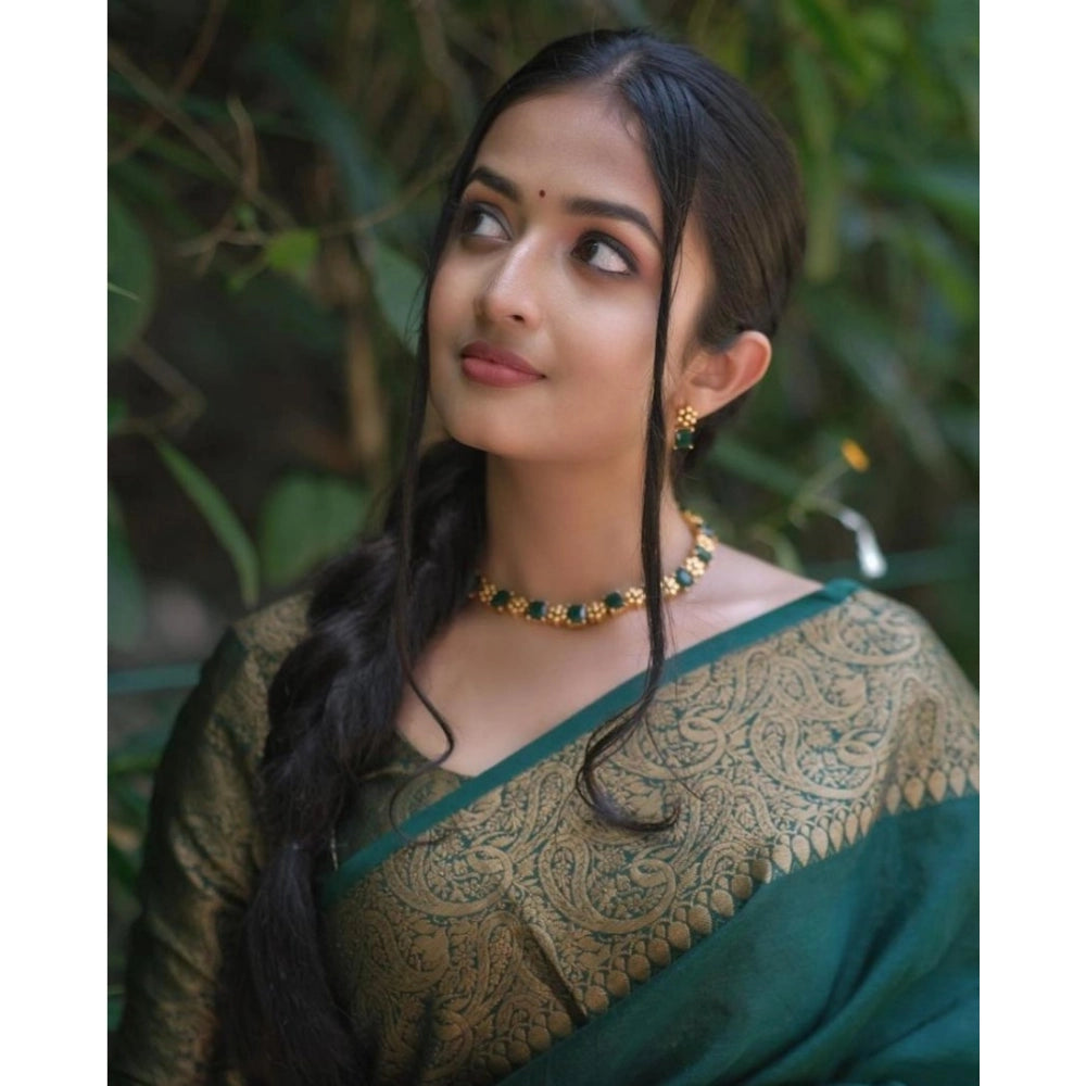 Vaystra Soft Lichi Silk Solid Saree With Unstitched Blouse 5.5Mtr – Green