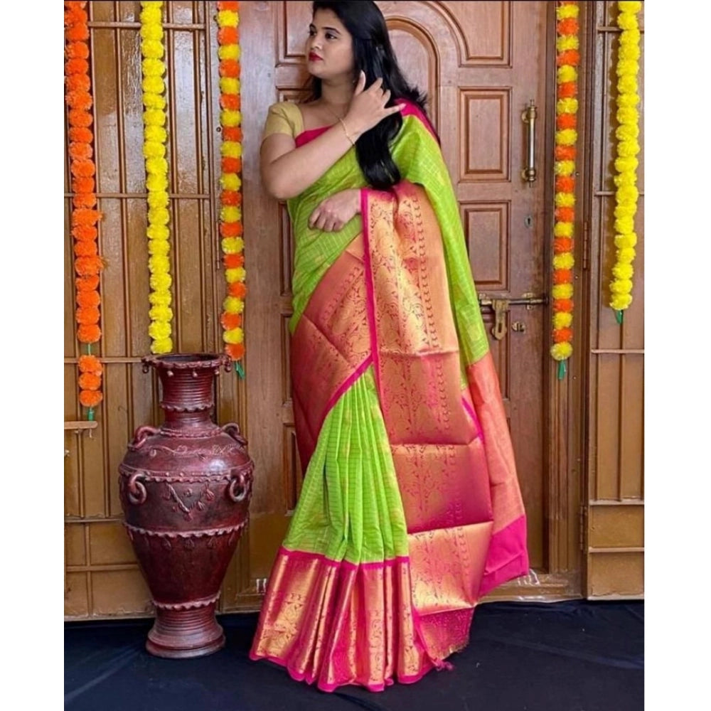 Vaystra Soft Lichi Silk Printed Saree With Unstitched Blouse 5.5Mtr – Green