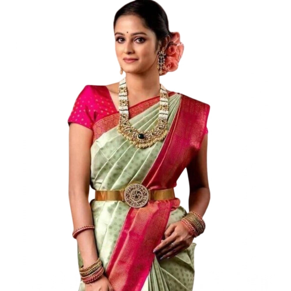 Vaystra Soft Lichi Silk Printed Saree With Unstitched Blouse 5.5Mtr – Light Green