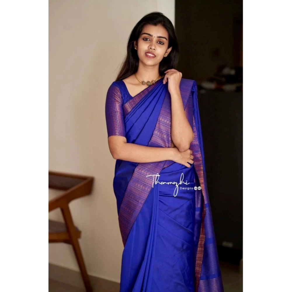 Vaystra Soft Lichi Silk Solid Saree With Unstitched Blouse 5.5Mtr – Blue