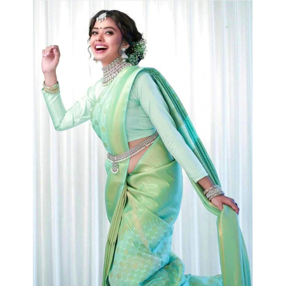Vaystra Soft Lichi Silk Printed Saree With Unstitched Blouse 5.5Mtr – Light Green