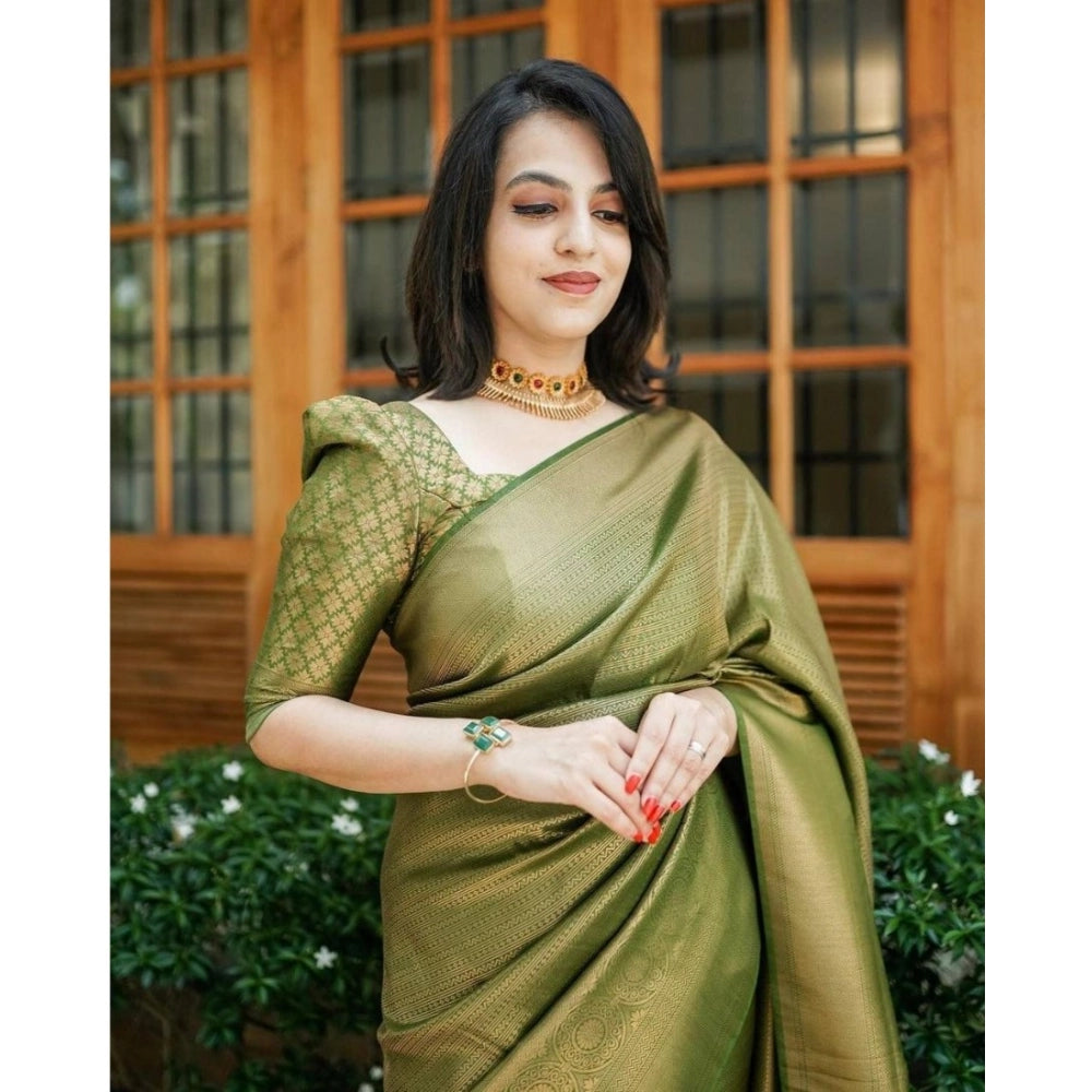 Vaystra Soft Lichi Silk Printed Saree With Unstitched Blouse 5.5Mtr – Green