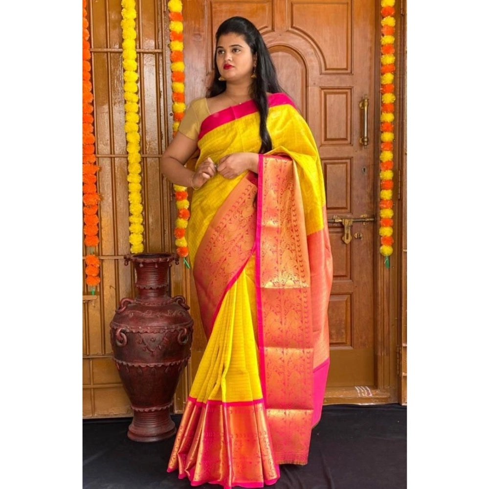 Vaystra Soft Lichi Silk Printed Saree With Unstitched Blouse 5.5Mtr – Yellow