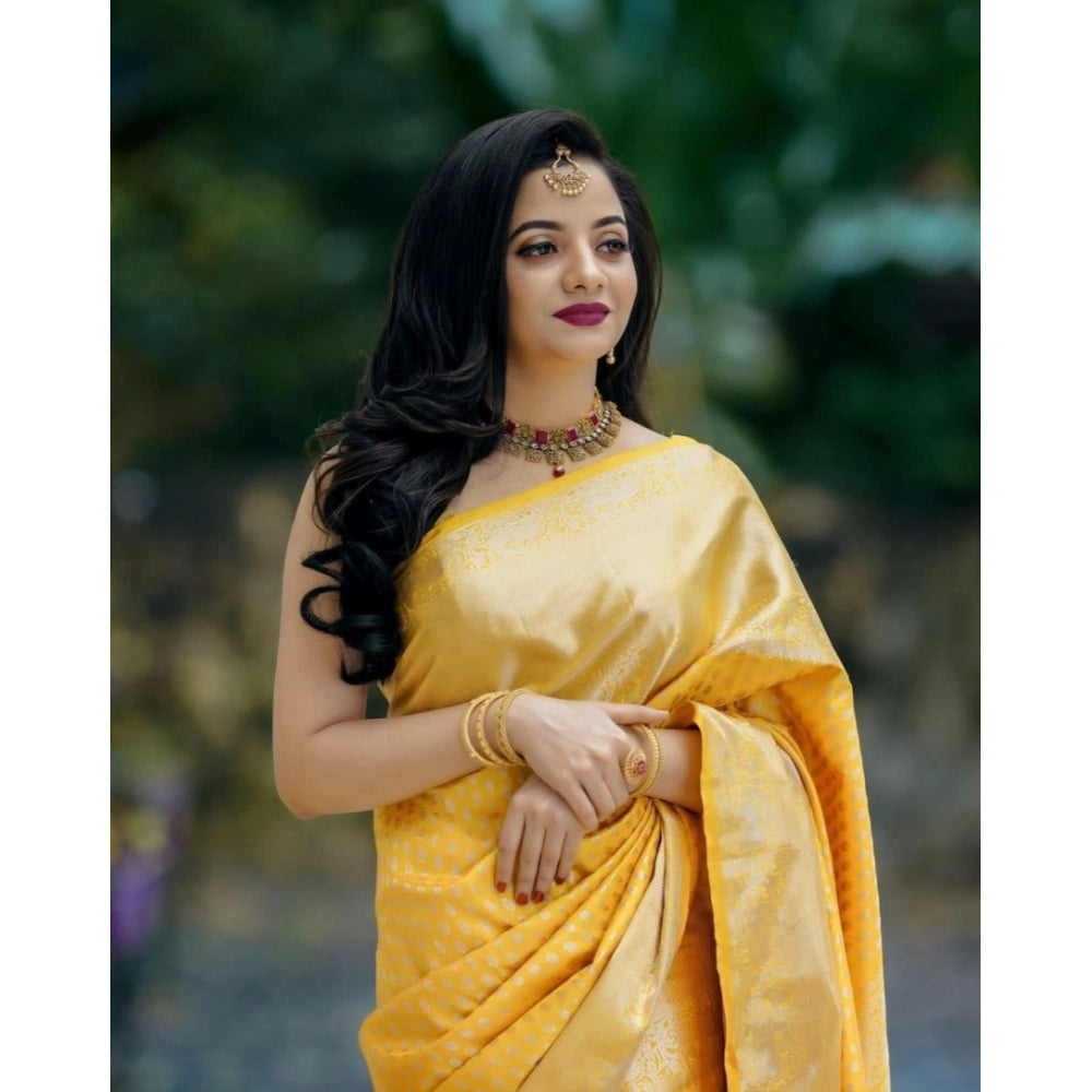 Vaystra Soft Lichi Silk Printed Saree With Unstitched Blouse 5.5Mtr – Yellow