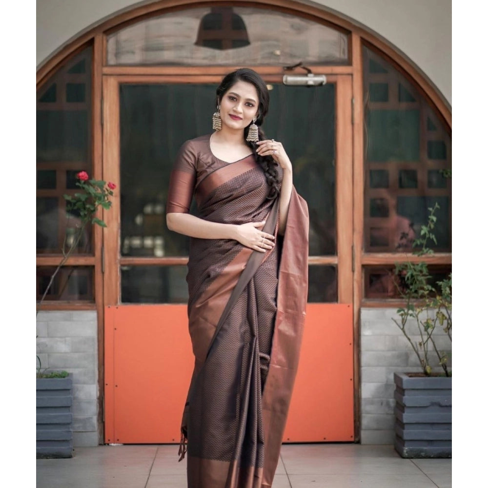 Vaystra Soft Lichi Silk Printed Saree With Unstitched Blouse 5.5Mtr – Brown
